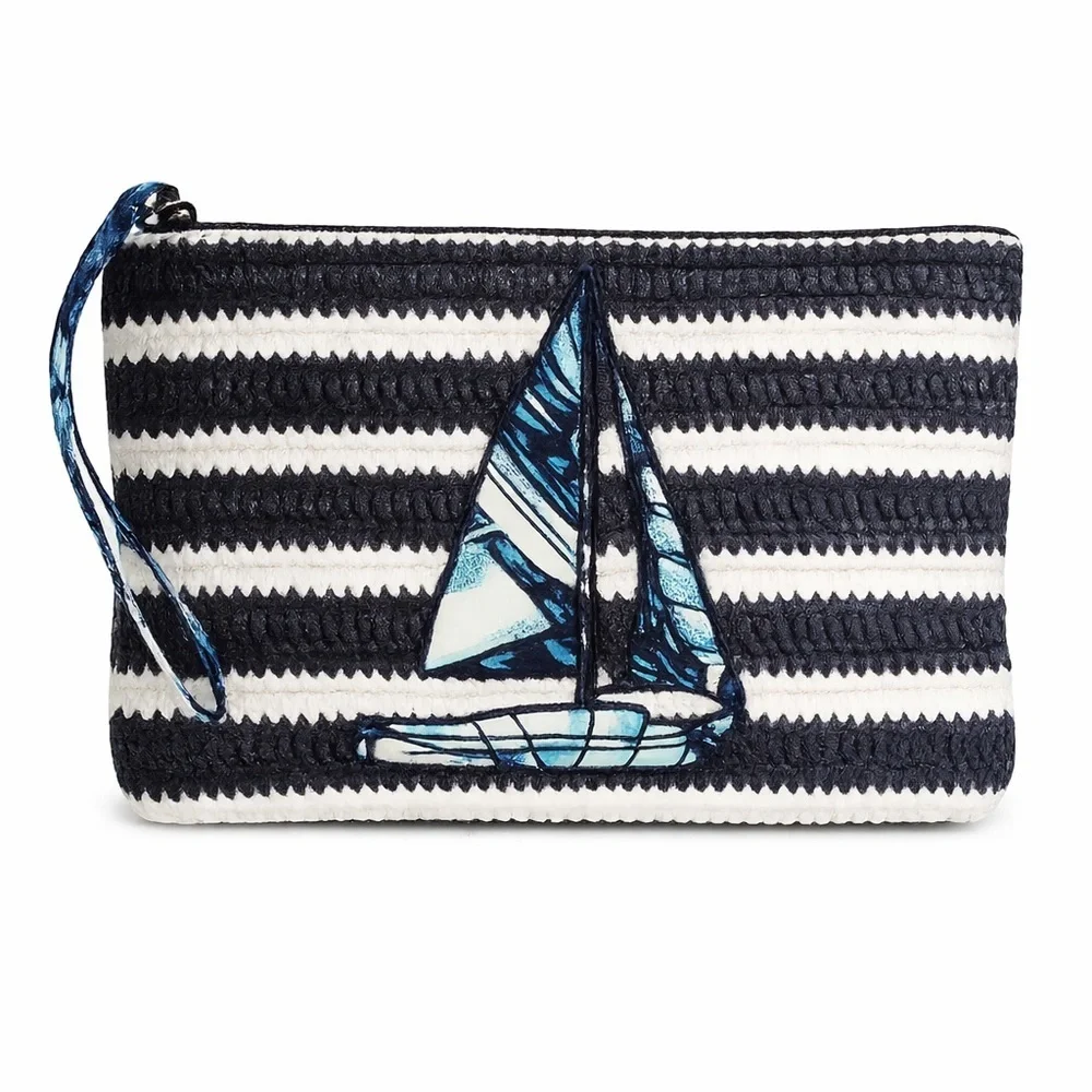 Vera Bradley Nautical Sailboat Straw Wristlet Blue White Stripe Zip bag - Picture 4 of 12